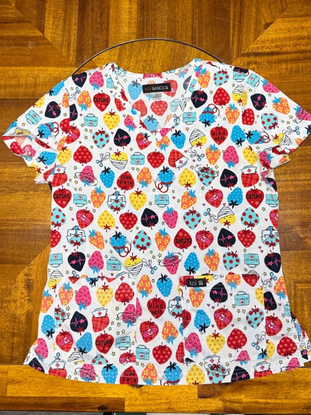 koi White Short-Sleeve Scrub Top with Multicolor strawberry Print